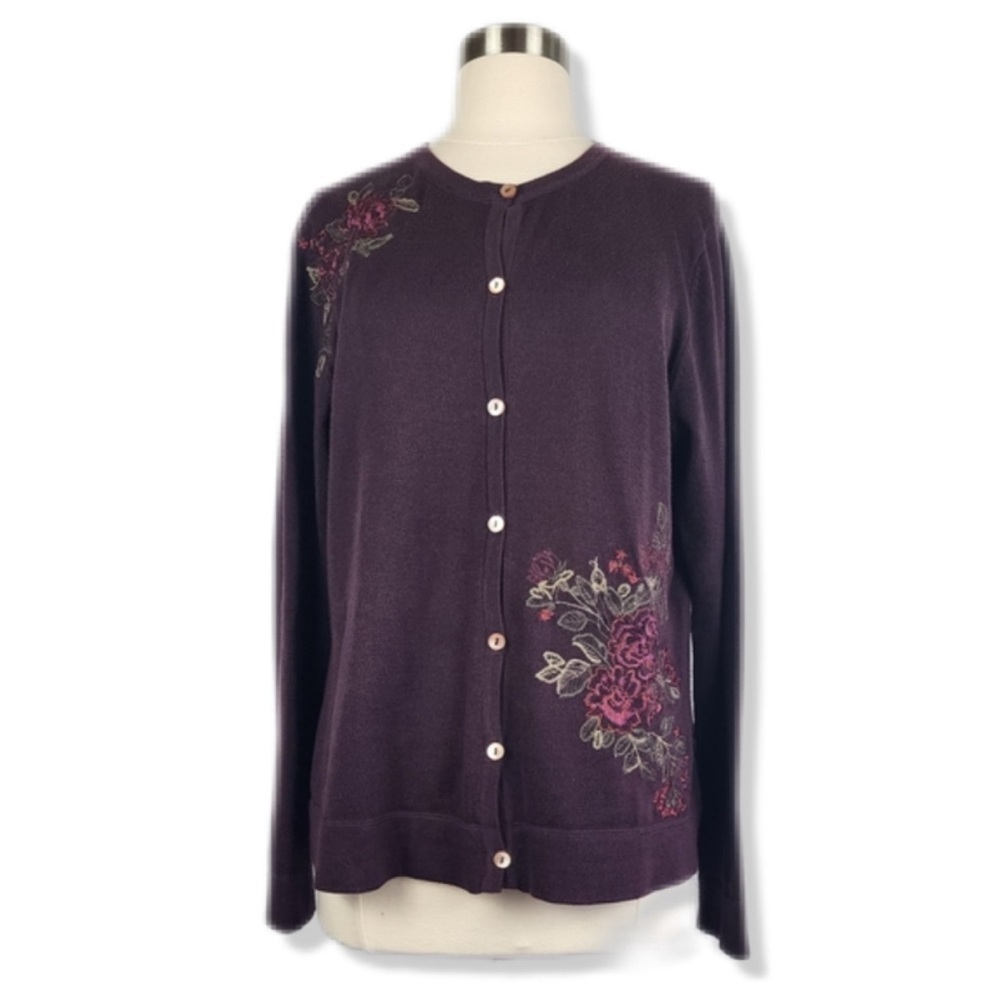 Eddie Bauer 100% Cotton Plum Floral Embroidered Button Up Cardigan Sweater L